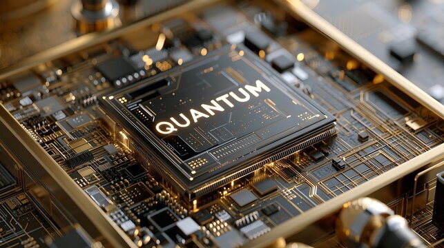 A high tech microprocessor chip with glowing text mounted on a complex golden circuit board with representing advanced computing word quantum glowing