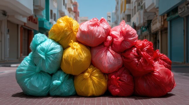 A vibrant display of colorful trash bags stacked in an urban environment, creating a striking visual contrast and commentary on waste in city life.