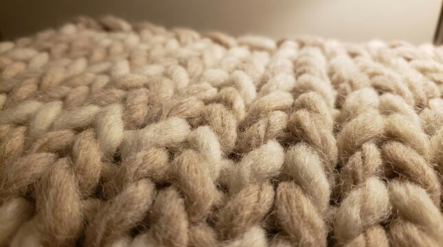 Beige chunky knit wool fabric texture.