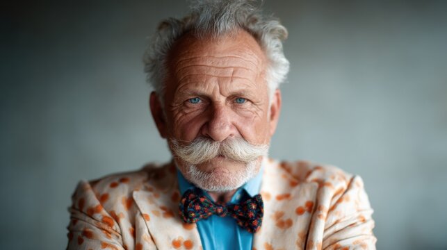 A distinguished elderly man with a bushy mustache and a stylish outfit featuring an eye-catching blazer, exuding confidence and charisma in a sophisticated setting.