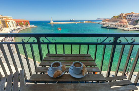 Panoramic View of Chania Venetian Harbor and Lighthouse, Crete, Greece