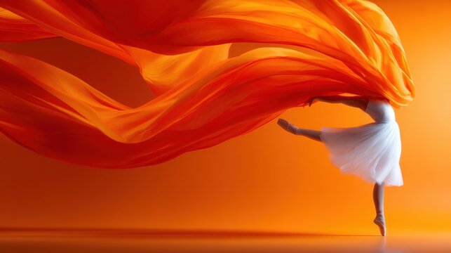 A stunning ballet dancer performs amid vibrant orange flowing fabric, representing grace, artistry, and dynamic movement captured beautifully in this creative expression.