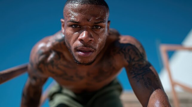 A focused man climbs with determination, showcasing strength and perseverance in a challenging environment, emphasizing the human spirit's capability to overcome obstacles.