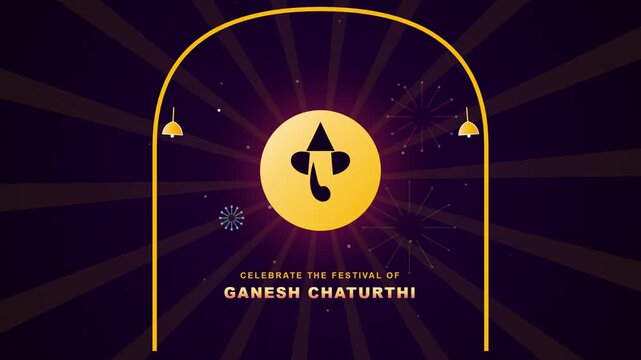 Ganesh Chaturthi celebratory poster design showcasing a golden silhouette of Lord Ganesha inside an archway with firework bursts.