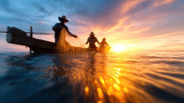 Silhouetted fishermen cast their nets at sunset, creating a picturesque scene that captures the beauty of traditional fishing practices and the bond between nature and human effort.
