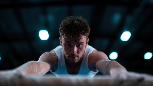 An intense athlete trains on a pommel horse, exuding focus and determination, showcasing the dedication and strength needed for gymnastics competition preparation.