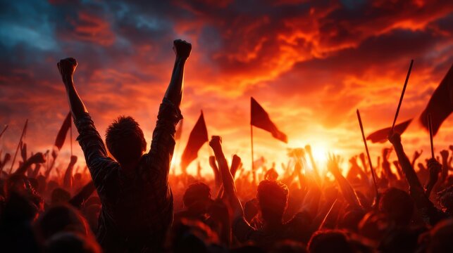A crowd of silhouetted protesters raises their fists in unity against a striking sunset background, representing empowerment, solidarity, and the fight for social justice and change.