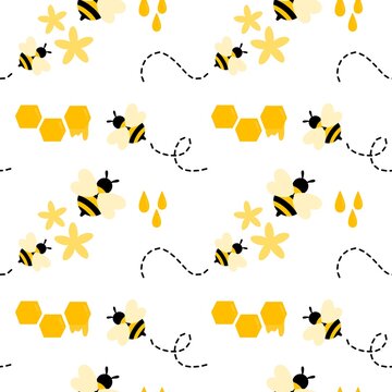Flying bee seamless pattern. Cartoon bumblebee pattern background. Summer and spring seamless pattern with bee characters. Honey bee seamless background