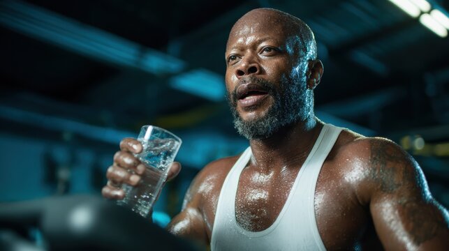 A muscular man takes a break from an intense workout, holding a glass of water, showcasing dedication and the importance of hydration in maintaining fitness and a healthy lifestyle.