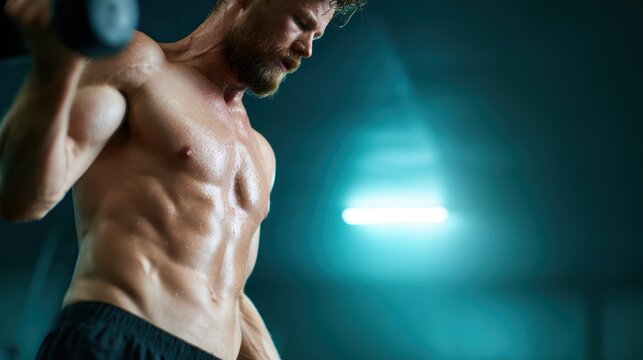 A muscular man is seen lifting weights in a dimly lit gym, highlighting his determination and physicality as he focuses on building strength and fitness.
