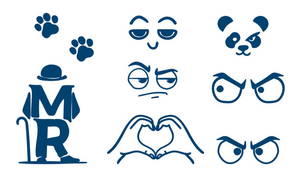 Set of handdrawn doodle icons including mr character, panda face, heart hands, and various facial expressions