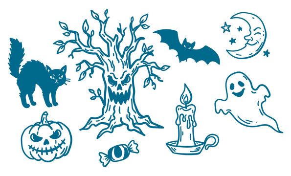 Set of hand drawn halloween elements including pumpkin, ghost, bat, cat, tree, moon and candle