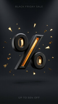 A dark three-dimensional percent sign with gold glowing slash floats on a black background. Golden triangular confetti and spheres scatter around the symbol. Black Friday sale discount