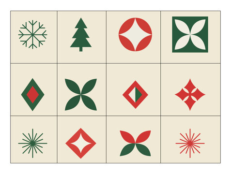 Set of midcentury modern christmas icons in retro style with geometric shapes and festive holiday motifs