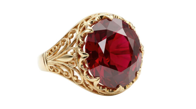 Filigree gold ring set with large red ruby.