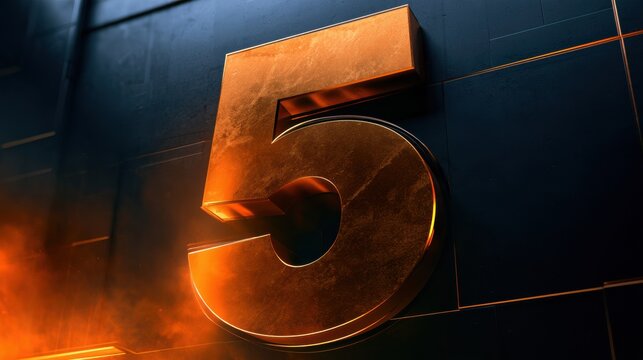 A bold number five symbolizes a five-year plan in a corporate setting, highlighted by amber light on a dark backdrop.