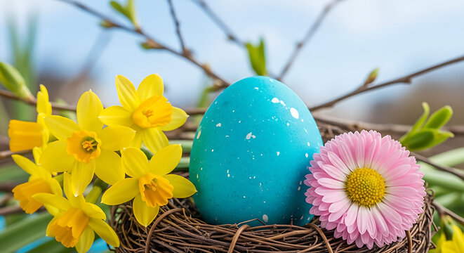 Easter egg in a nest with yellow daffodils and a pink daisy flower
