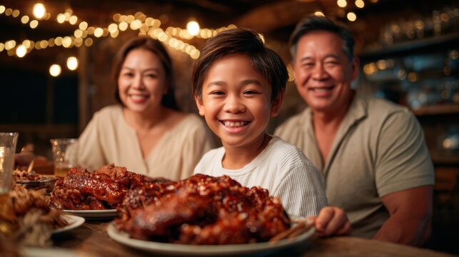 A cheerful young boy poses with his smiling parents during a family dinner, showcasing the joy of shared moments filled with love, laughter, and delicious food.