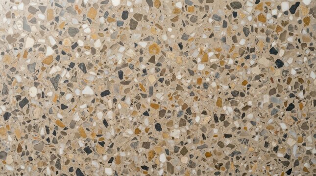 Polished terrazzo floor texture with natural stone aggregate chips in beige and brown colors for interior design surface