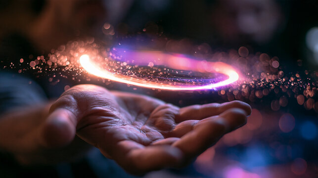 Futuristic Glowing Energy Ring Floating Over Open Hand