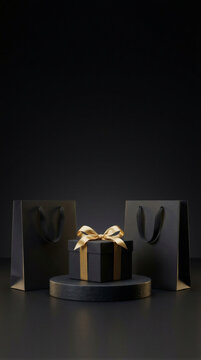 A black gift box with a gold ribbon bow sits on a round dark pedestal beside two paper shopping bags. The tied satin bow crowns the closed lid at the center. Luxury gift presentation