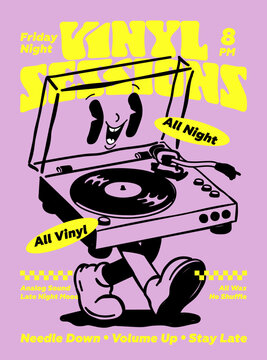 Retro vinyl music poster with cartoon turntable character