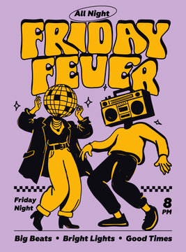 Retro dance party poster with disco ball and boombox characters