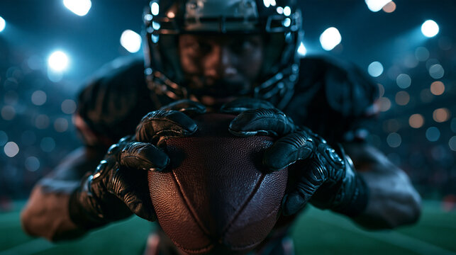American Football Player Diving to Score Touchdown in Stadium