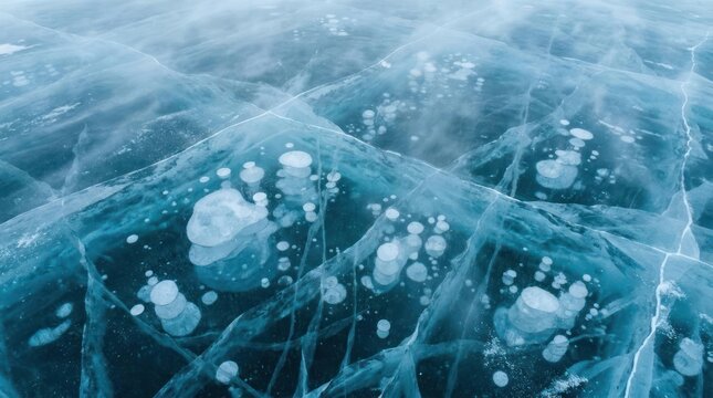 Blue frozen lake ice with trapped air bubbles.