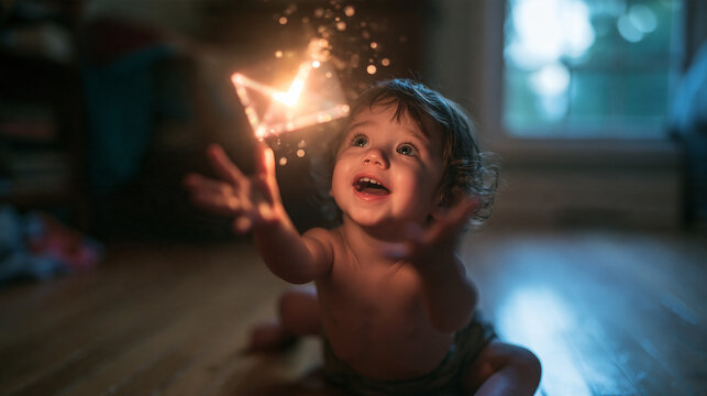 Happy Baby Reaching for Glowing Floating Message Envelope