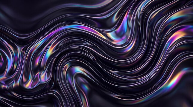 Abstract Dark Metallic Liquid Waves with Iridescent Holographic Reflections