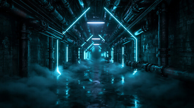 Futuristic Dark Corridor with Glowing Cyan Neon Lights
