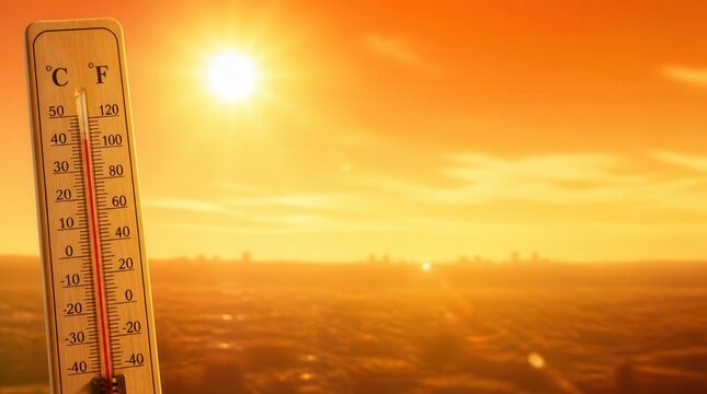 Thermometer showing extremely high temperature during summer heat wave outdoors