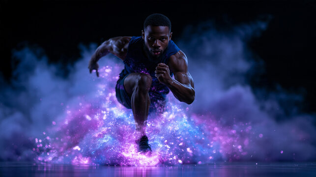 Athletic Male Sprinter Running with Glowing Energy Effects
