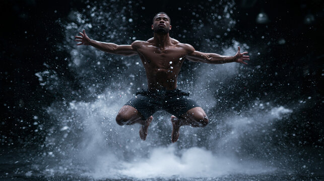 Athletic Muscular Man Jumping with White Powder Cloud