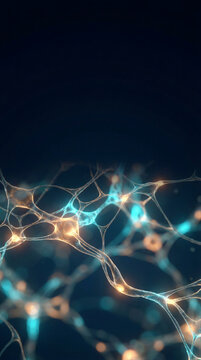 Glowing neuron network spreads across a dark blue background in a vertical composition. Translucent cell bodies connect through thin branching fibers with soft orange highlights