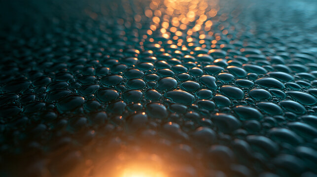 Macro Water Droplets Texture with Glowing Warm Bokeh