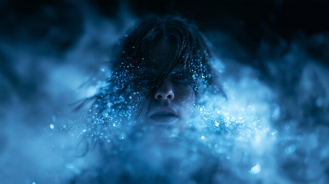 Woman Face Emerging from Glowing Blue Water and Mist
