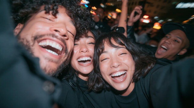 Happy Diverse Friends Taking Selfie at Night Party