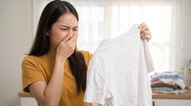 A woman pinches her nose in disgust while holding a smelly white t-shirt, indicating a laundry problem or bad odor.
