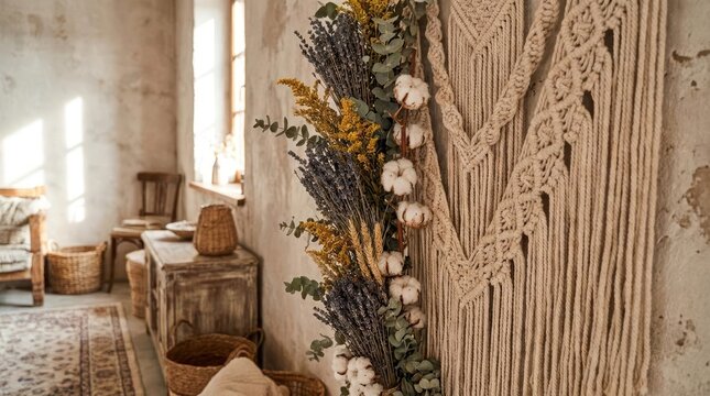Bohemian interior with macrame and dried floral decor.