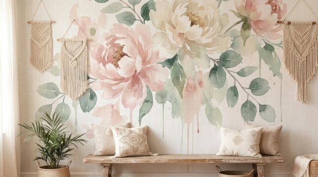 Bohemian living room with floral mural and macrame decor.