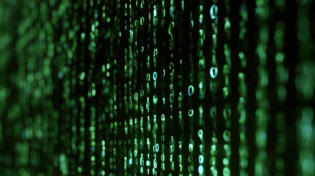 Streams of binary numbers form an educational pattern against a dark background. The green matrix code creates a computer science theme.