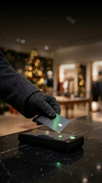 A gloved hand holds a payment card above a contactless terminal at a checkout counter. The card is angled over the reader. Retail commerce and contactless payment processing