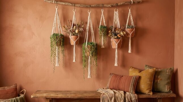 Boho interior with macrame plant hangers on orange wall.