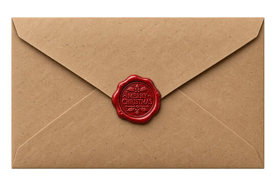 Merry Christmas red wax seal on a brown kraft paper envelope, top view. Cutout isolated on a transparent background. Vintage holiday greeting card mockup.
