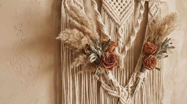 Boho macrame wall hanging with dried roses and pampas.