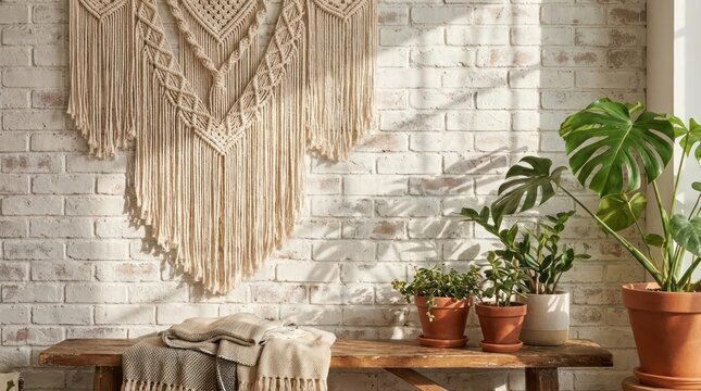 Boho interior with macrame wall hanging and plants.