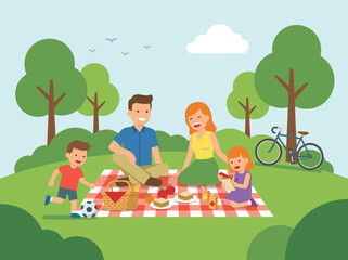 Fototapeta premium Happy family enjoying a picnic in the park, a flat illustration of recreational activity, outdoor sunny day scene, wide angle view.