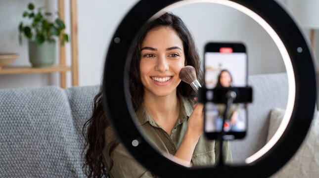 Young woman vlogging about beauty and makeup at home, recording herself with a smartphone and ring light for social media content.
